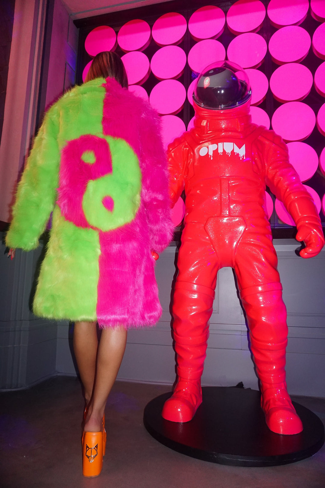 Yin Yang Fur Coat- Pink/Green