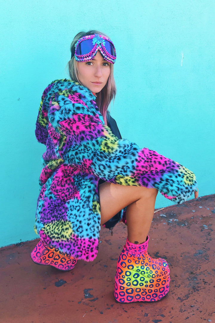 spvce island rainbow leopard faux fur bucket hat lisa frank y2k 90s festival fashion jacket coat outerwear club party christmas present birthday
