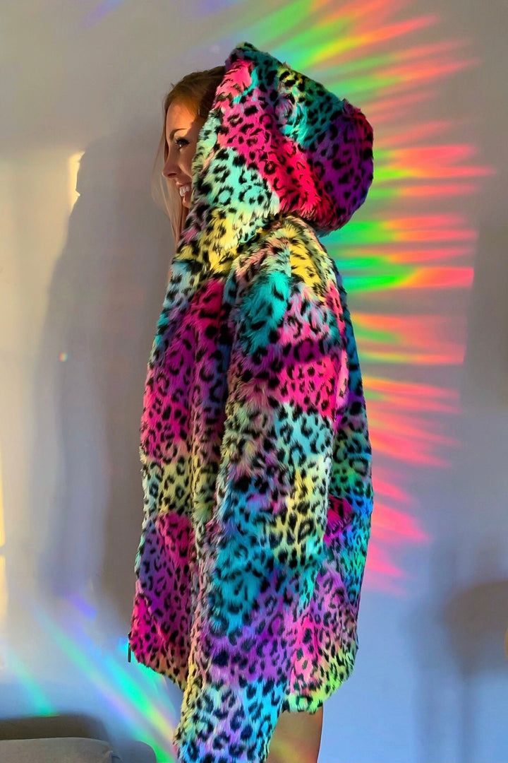 spvce island rainbow leopard faux fur bucket hat lisa frank y2k 90s festival fashion jacket coat outerwear club party christmas present birthday